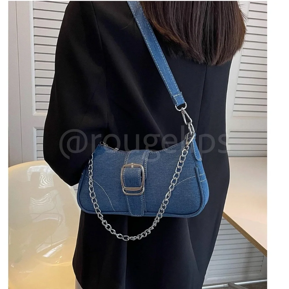 Small Blue Denim Baguette Bag Strap Buckle Chain Zipper - Picture 3 of 8